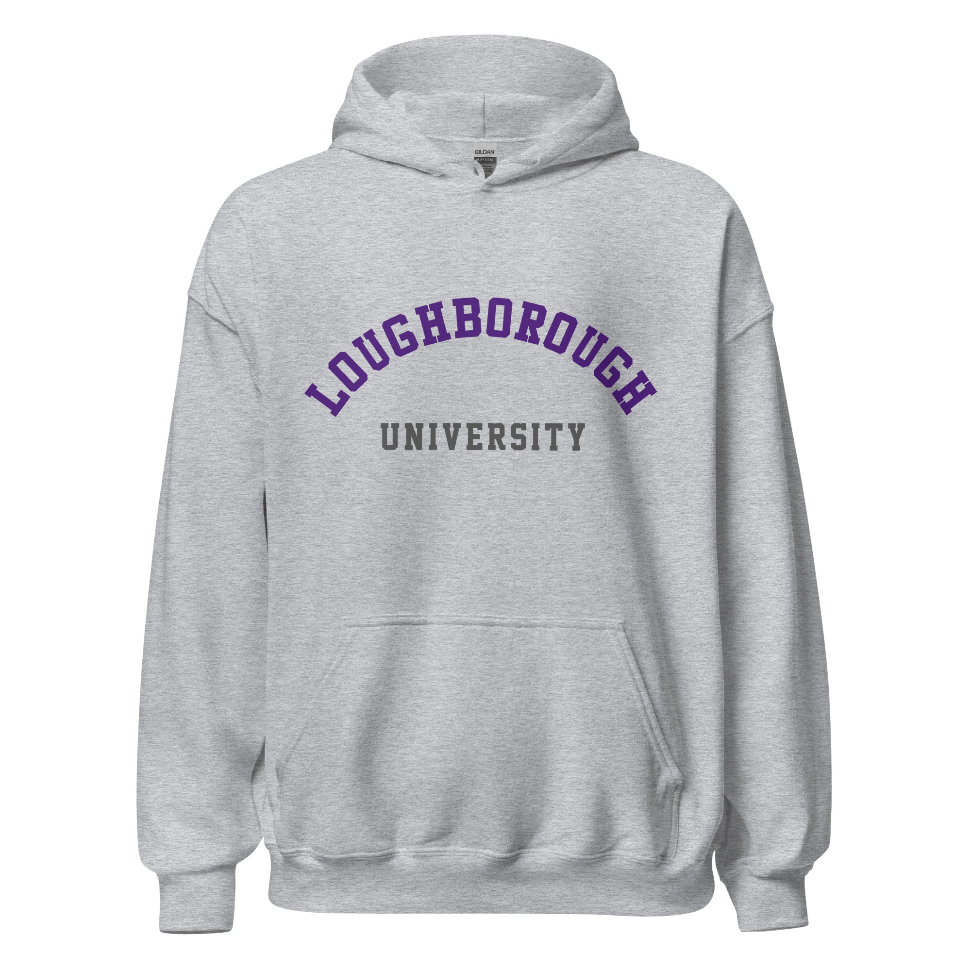 Unisex heather gray hoodie featuring Loughborough University logo printed across the front chest