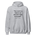 Unisex heather gray hoodie with Psalm 119:105 Bible verse printed in black text on front