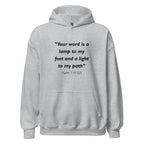 Unisex heather gray hoodie with Psalm 119:105 Bible verse printed in black text on front