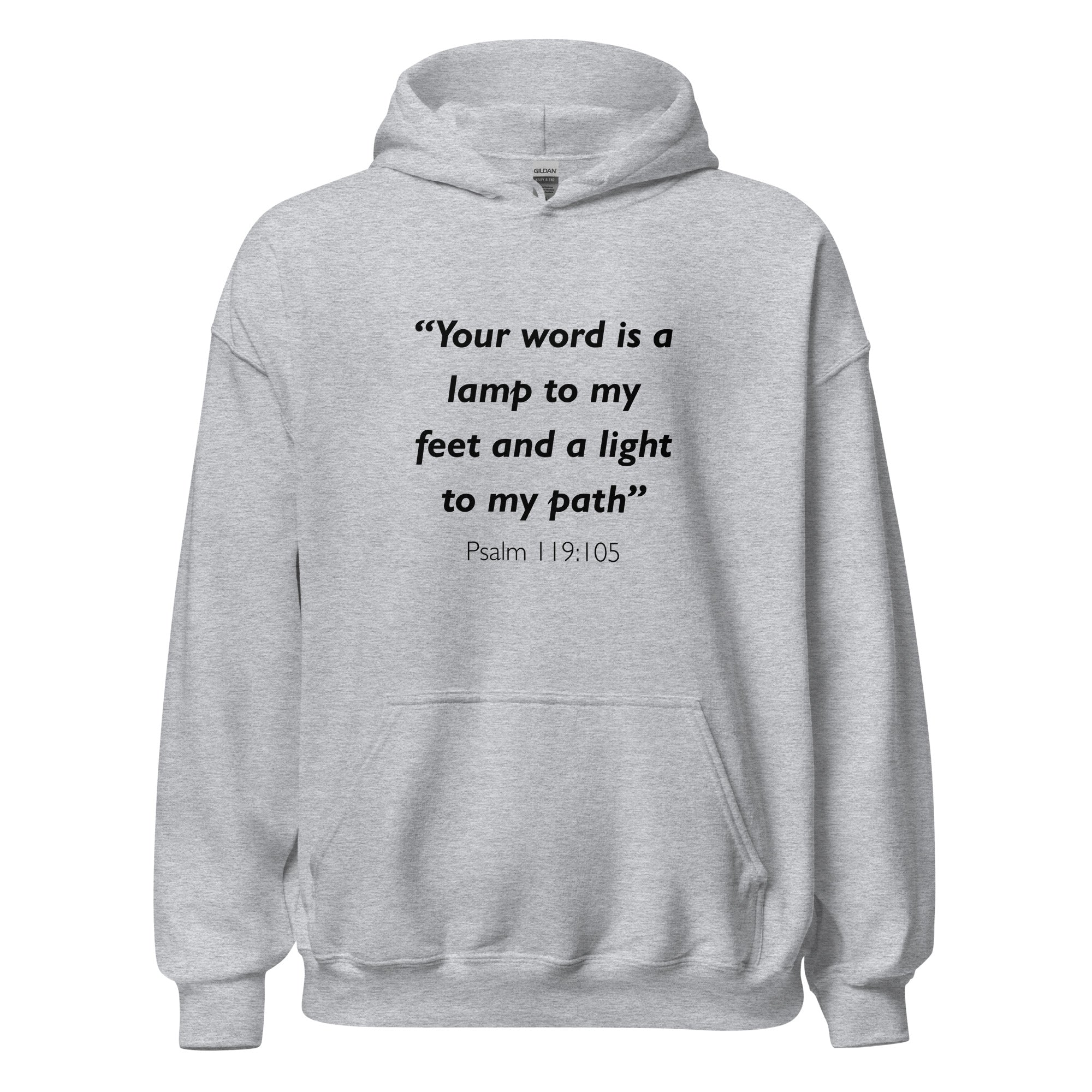 Unisex heather gray hoodie with Psalm 119:105 Bible verse printed in black text on front