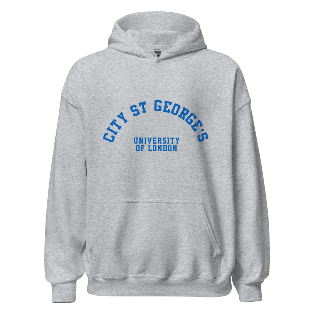 Unisex heather gray hoodie featuring St George's, University of London logo printed across the front chest