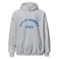 Unisex heather gray hoodie featuring St George's, University of London logo printed across the front chest
