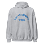Unisex heather gray hoodie featuring St George's, University of London logo printed across the front chest