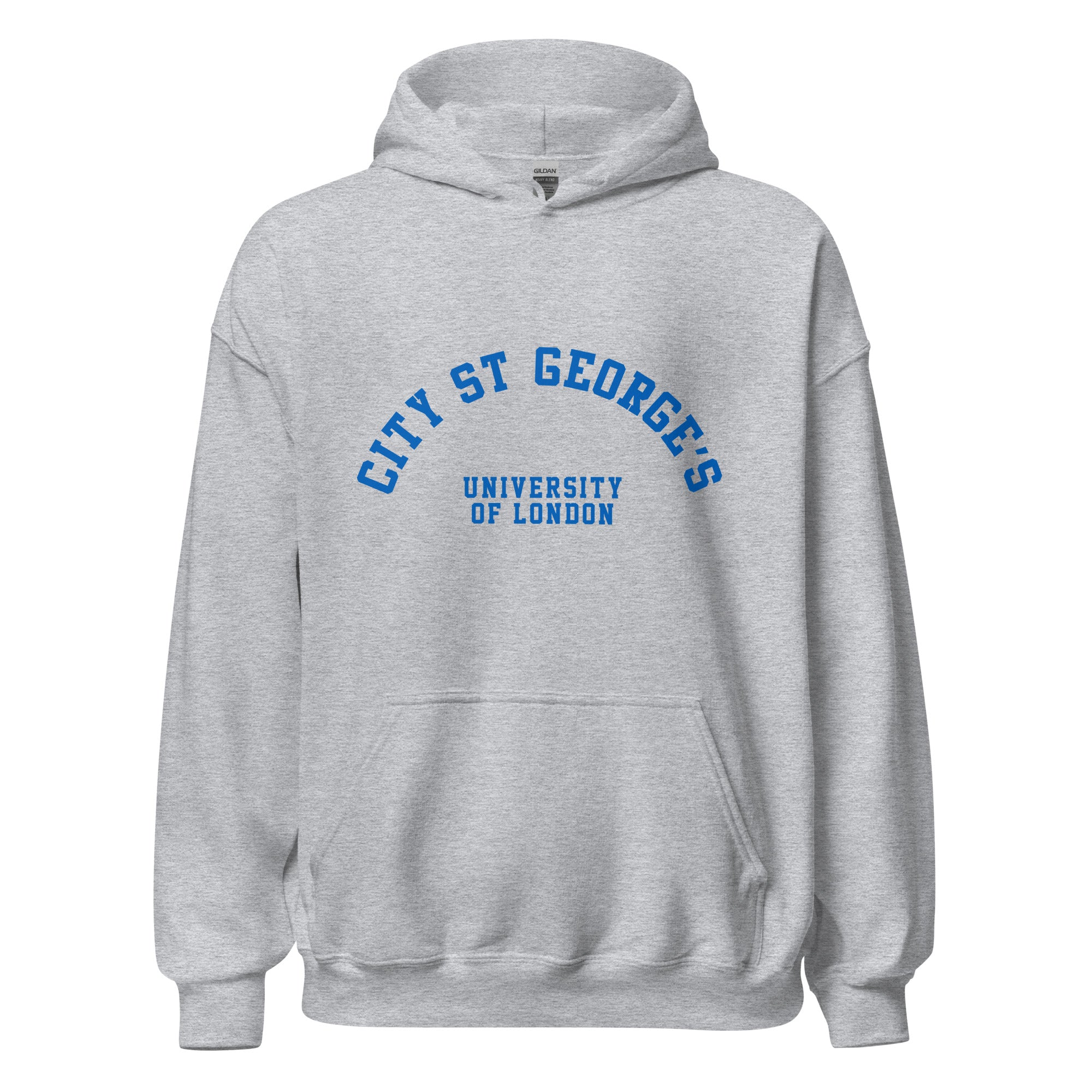 Unisex heather gray hoodie featuring St George's, University of London logo printed across the front chest