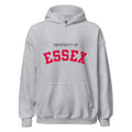 Unisex heather gray hoodie featuring University of Essex logo printed across the front chest