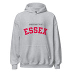 Unisex heather gray hoodie featuring University of Essex logo printed across the front chest