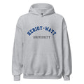 Unisex heather gray hoodie featuring Heriot-Watt University logo printed across the front chest