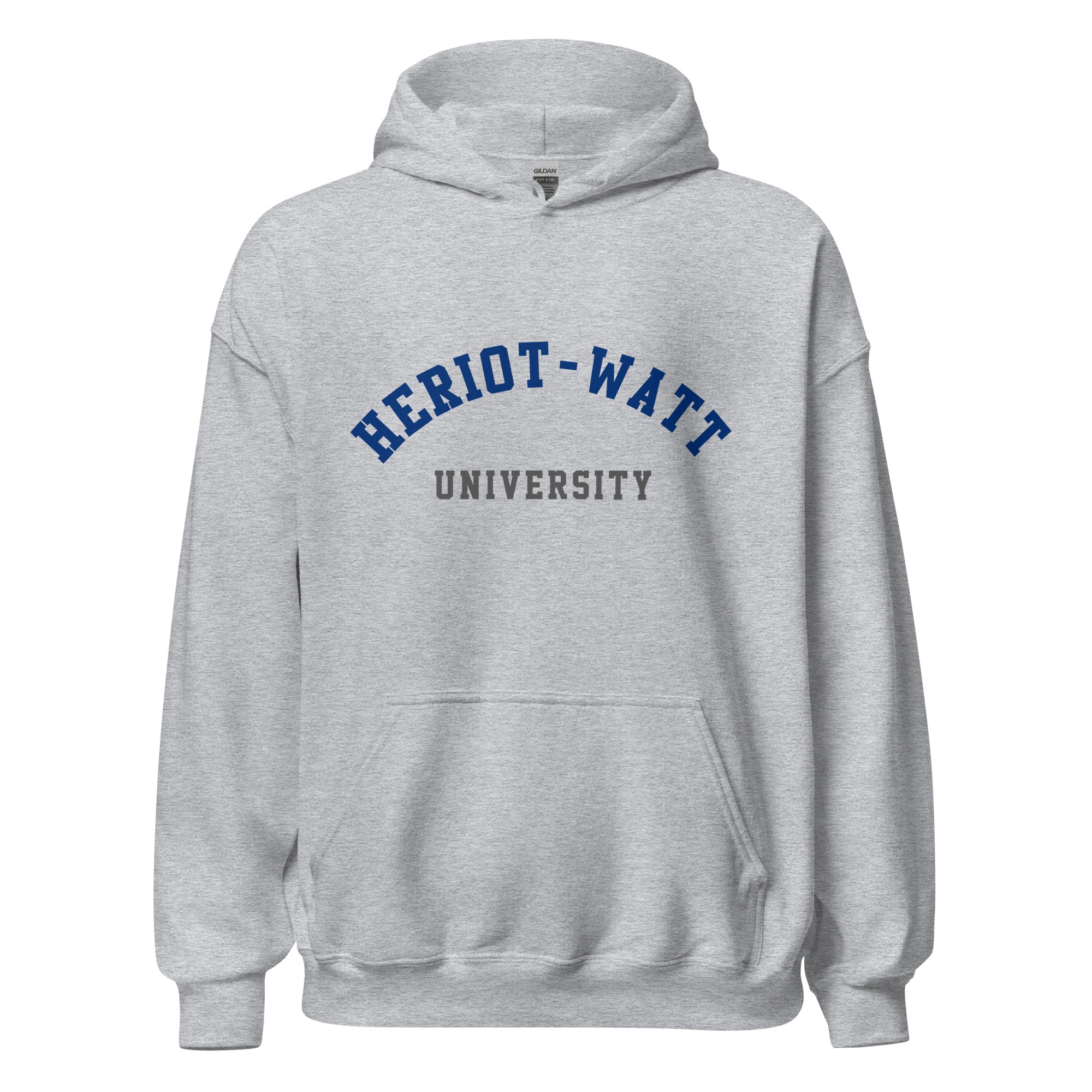Unisex heather gray hoodie featuring Heriot-Watt University logo printed across the front chest