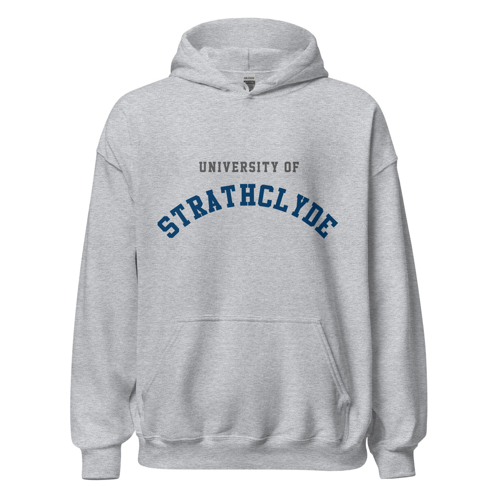 Unisex black hoodie featuring University of Strathclyde logo printed across the front chest