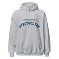 Unisex black hoodie featuring University of Strathclyde logo printed across the front chest