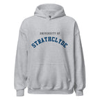 Unisex black hoodie featuring University of Strathclyde logo printed across the front chest