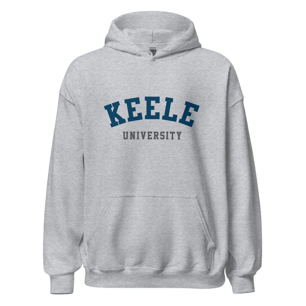 Unisex black hoodie featuring Keele University logo printed across the front chest