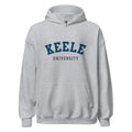 Unisex black hoodie featuring Keele University logo printed across the front chest