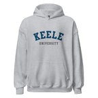 Unisex black hoodie featuring Keele University logo printed across the front chest