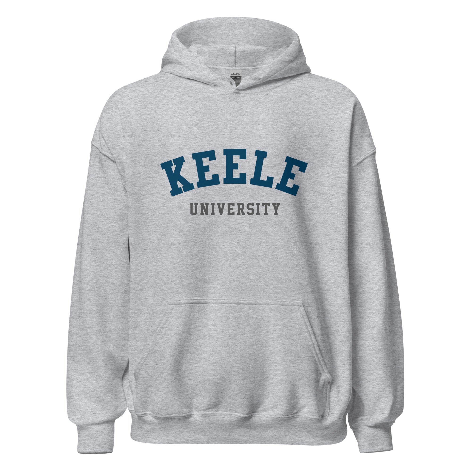 Unisex black hoodie featuring Keele University logo printed across the front chest