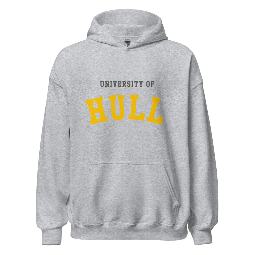Unisex heather gray hoodie featuring University of Hull logo printed across the front chest