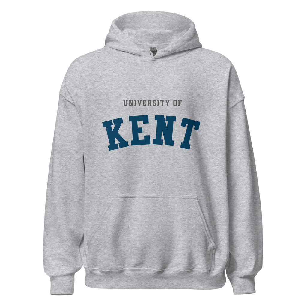 Unisex black hoodie featuring University of Kent logo printed across the front chest
