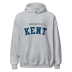 Unisex black hoodie featuring University of Kent logo printed across the front chest