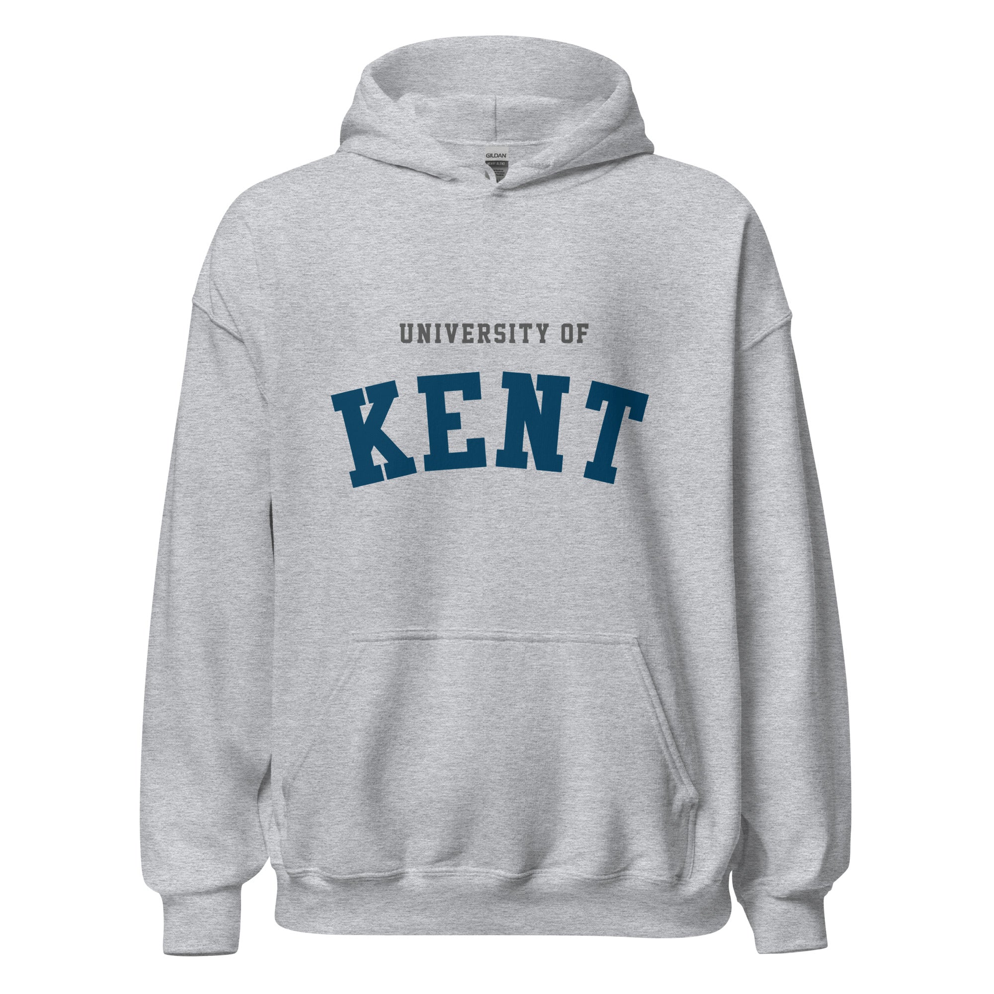 Unisex black hoodie featuring University of Kent logo printed across the front chest
