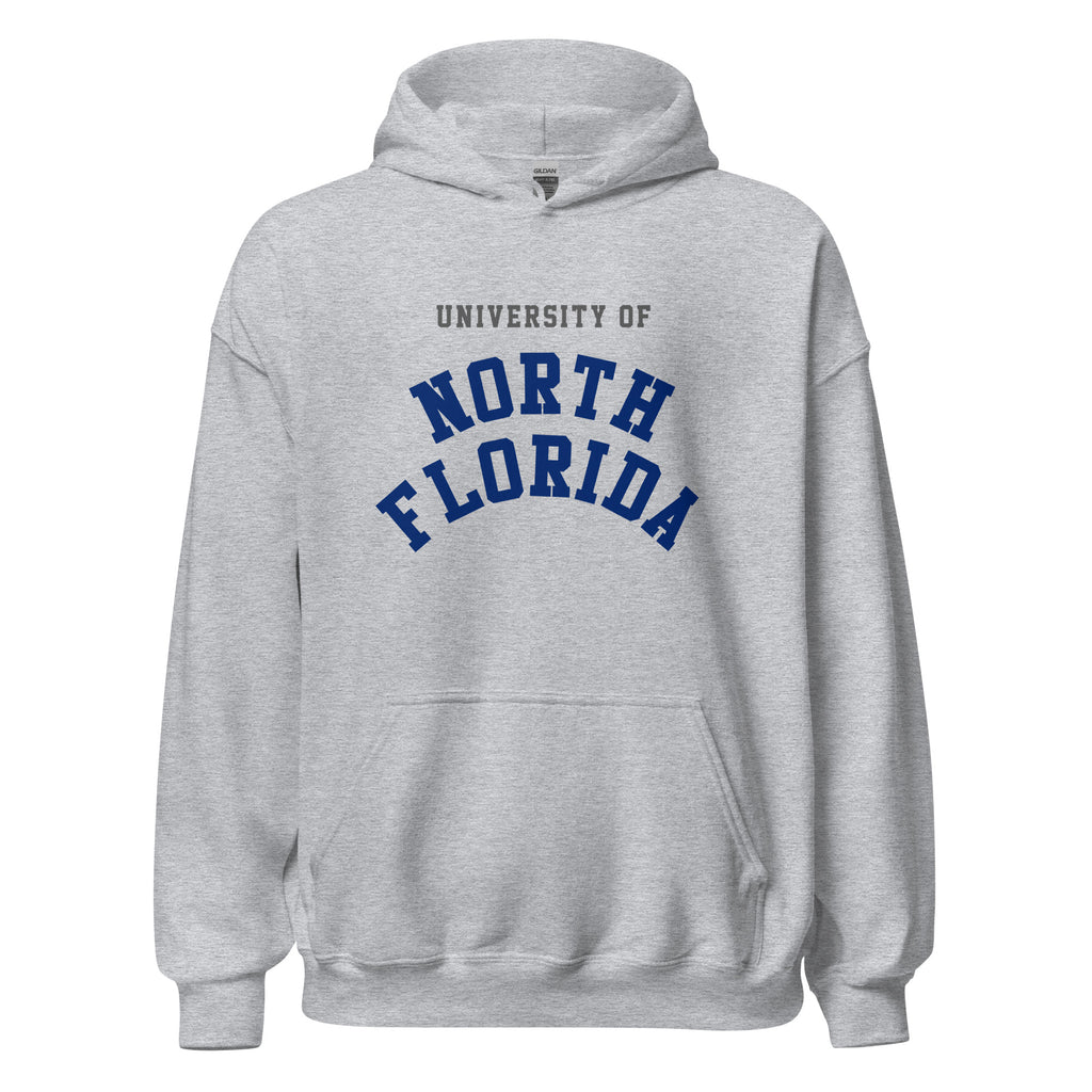 University of North Florida Unisex Hoodie, shown in Sport Grey, front view, sizes S–5XL