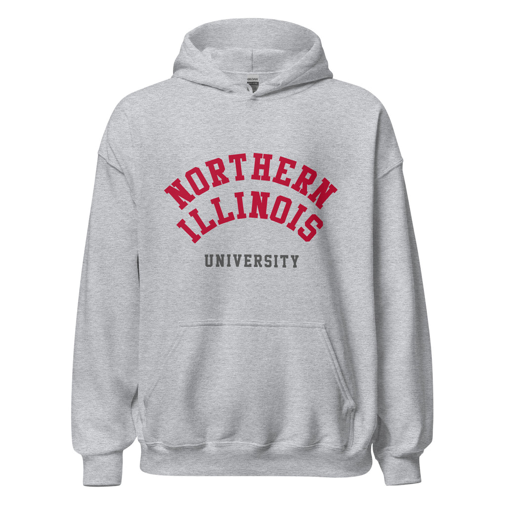 Northern Illinois University Unisex Hoodie, shown in Sport Grey, front view, sizes S–5XL