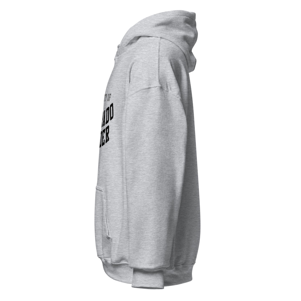 Unisex hoodie featuring University of Colorado Boulder name and branding in gold and black