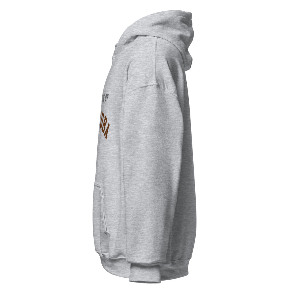 Unisex hoodie featuring University of Manitoba name and branding in bison brown and gold