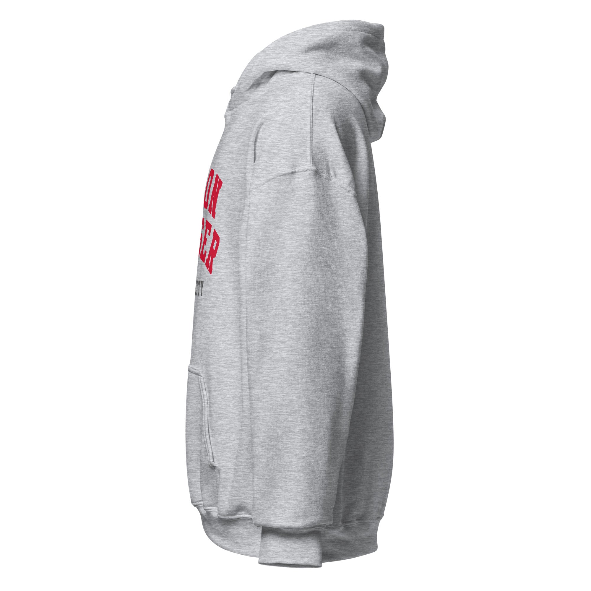 Unisex hoodie featuring Simon Fraser University name and branding in red and white