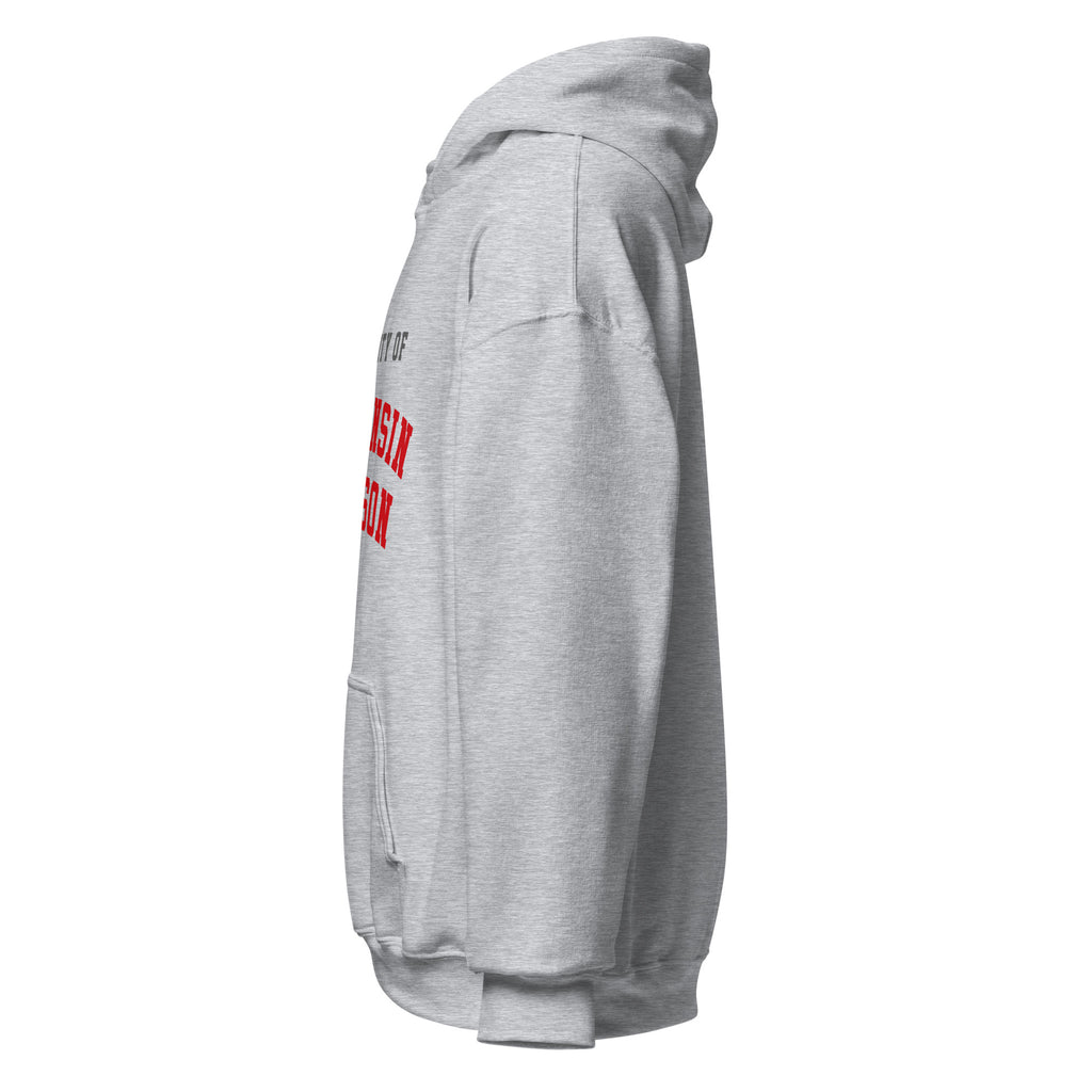 Unisex white hoodie featuring University of Wisconsin-Madison logo printed across the front chest
