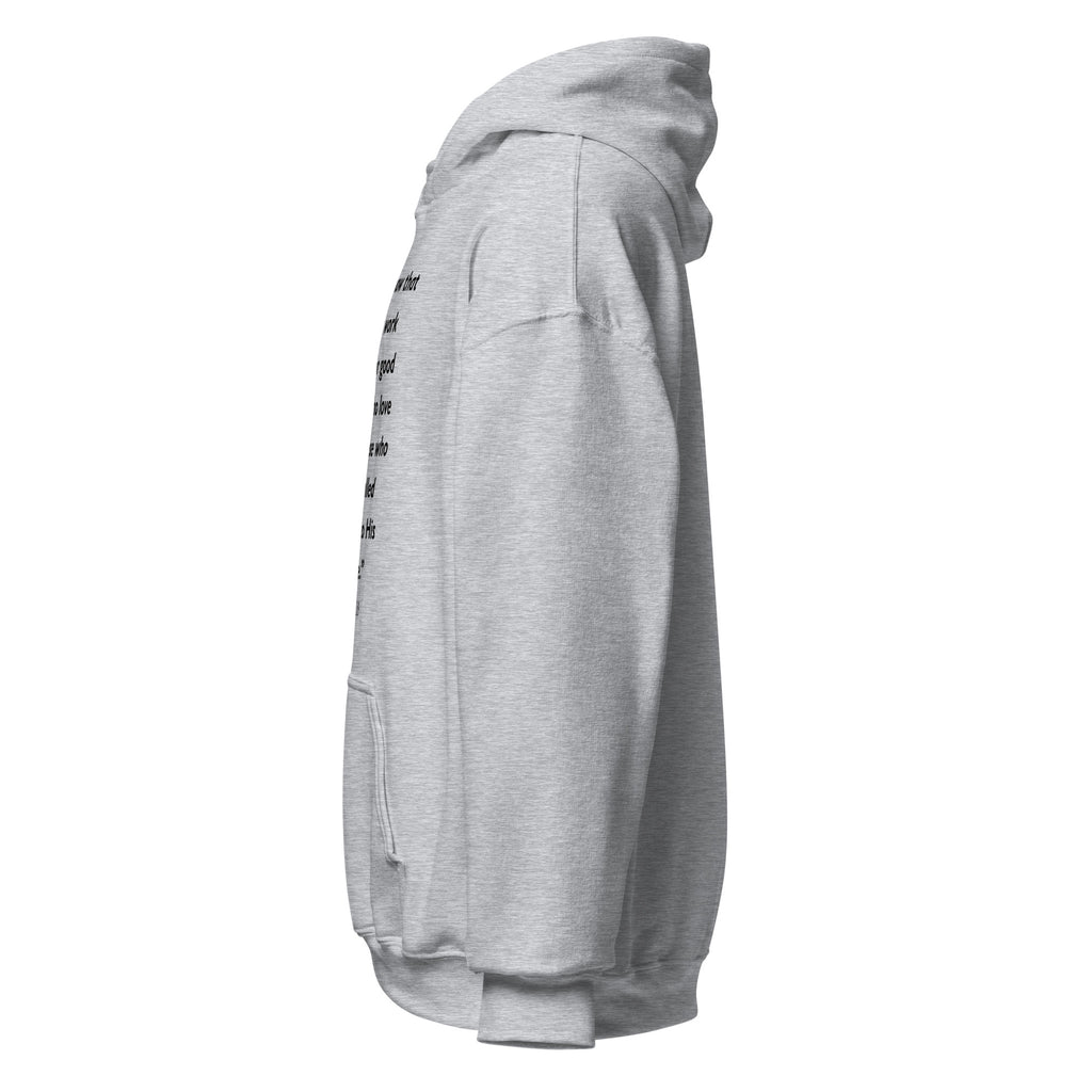 Unisex white hoodie with Romans 8:28 Bible verse printed in black text on front