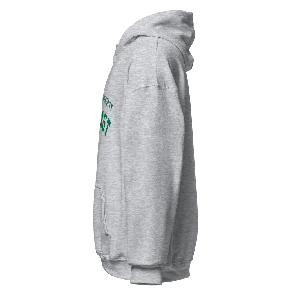 Unisex white hoodie featuring Queen's University Belfast logo printed across the front chest