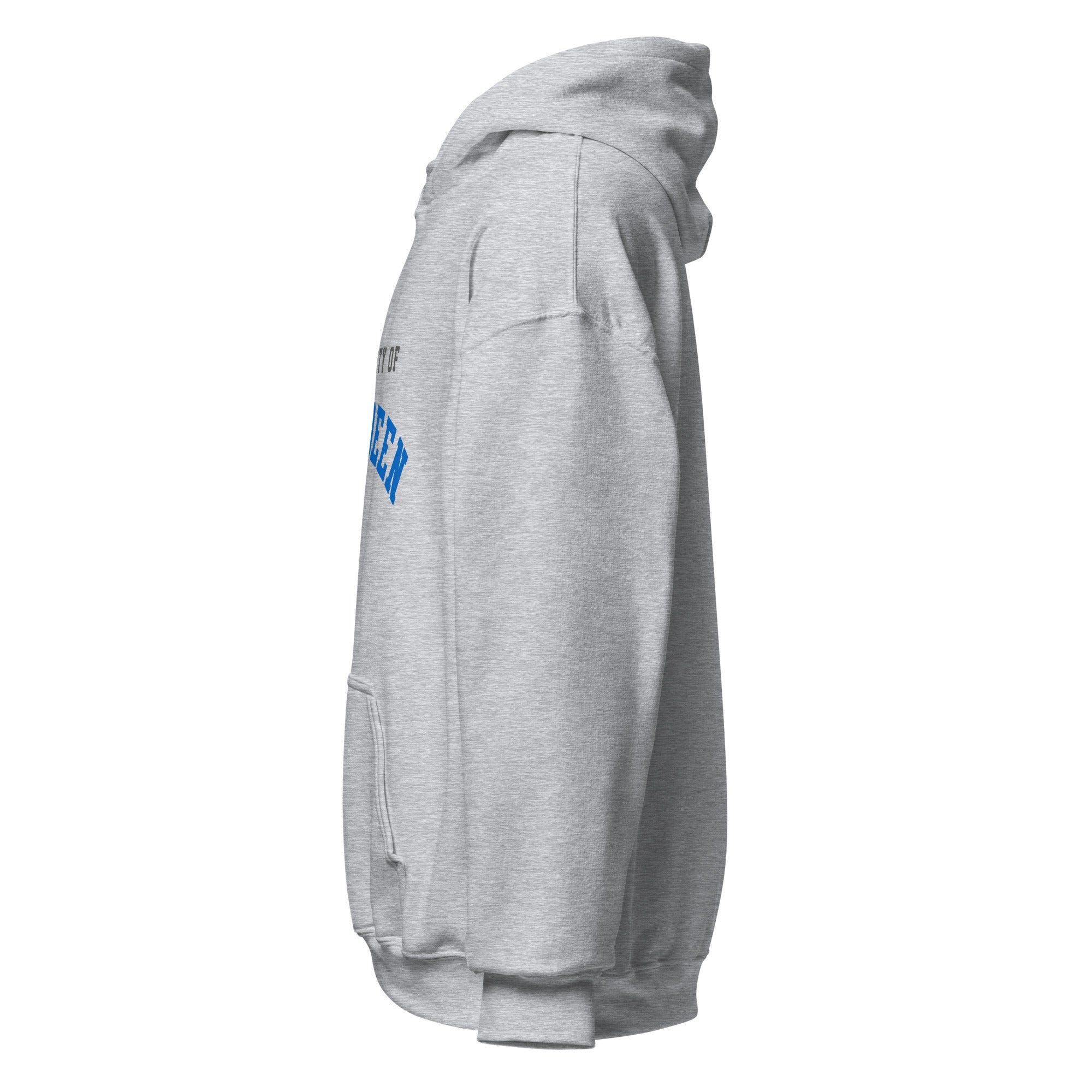 Unisex white hoodie featuring University of Aberdeen logo printed across the front chest
