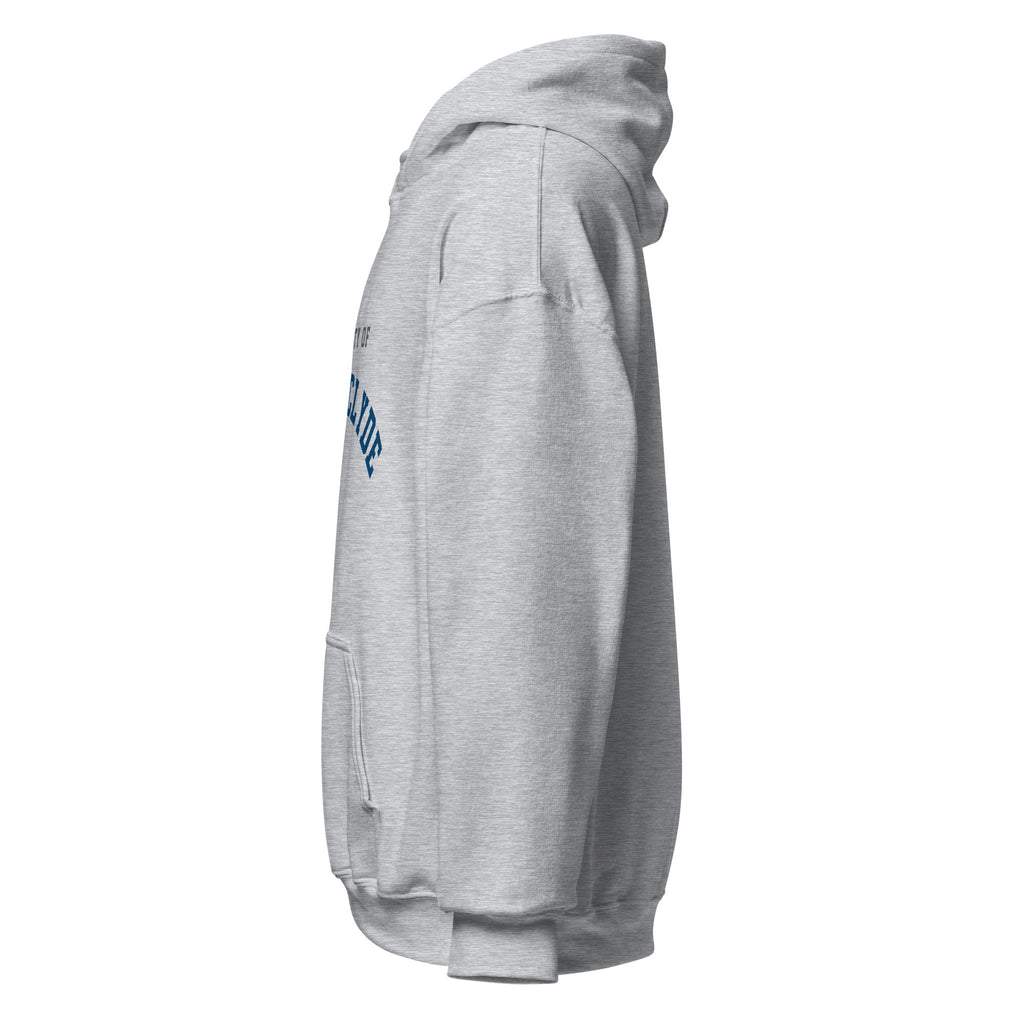 Unisex white hoodie featuring University of Strathclyde logo printed across the front chest