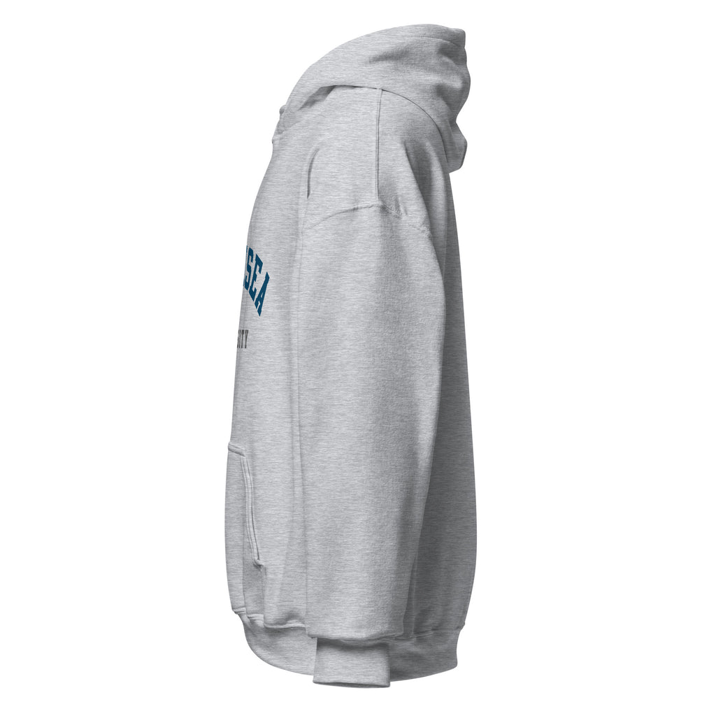Unisex white hoodie featuring Swansea University logo printed across the front chest