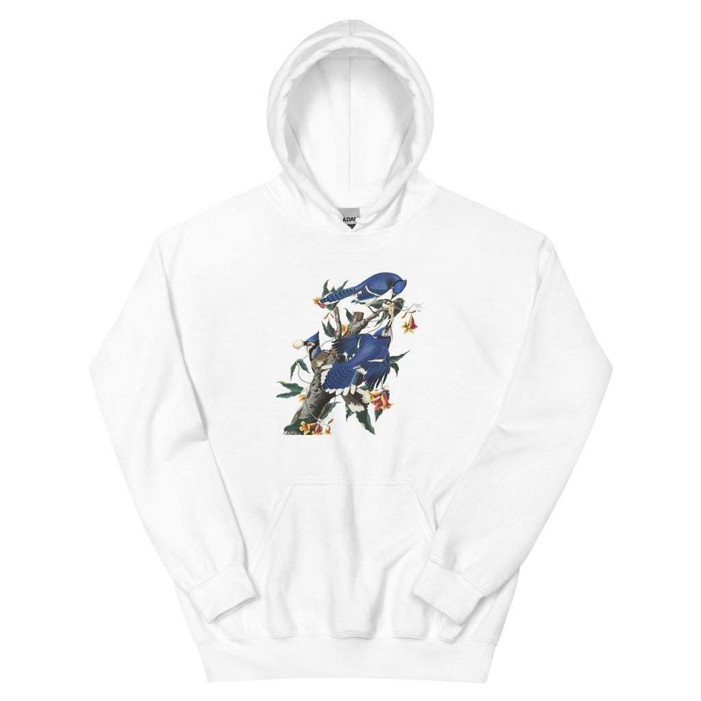 Unisex hoodie featuring Audubon's detailed naturalist illustration of a blue jay bird