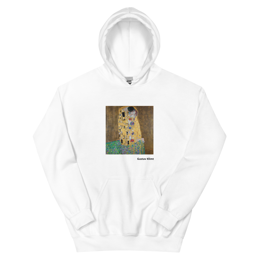 Unisex hoodie featuring Klimt's famous painting of two lovers embracing in golden robes