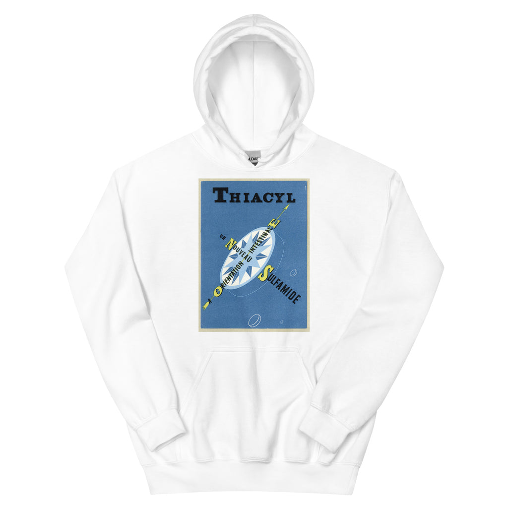 Unisex hoodie featuring a vintage Thyacil sulfamide pharmaceutical health advertising poster