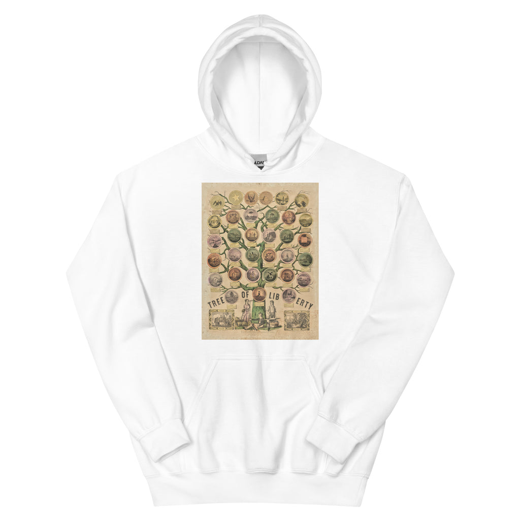 Unisex hoodie featuring a vintage Tree of Liberty patriotic political poster