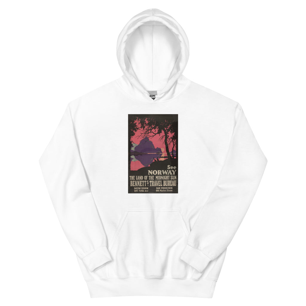Unisex hoodie featuring a vintage Norwegian fjords scenic travel poster