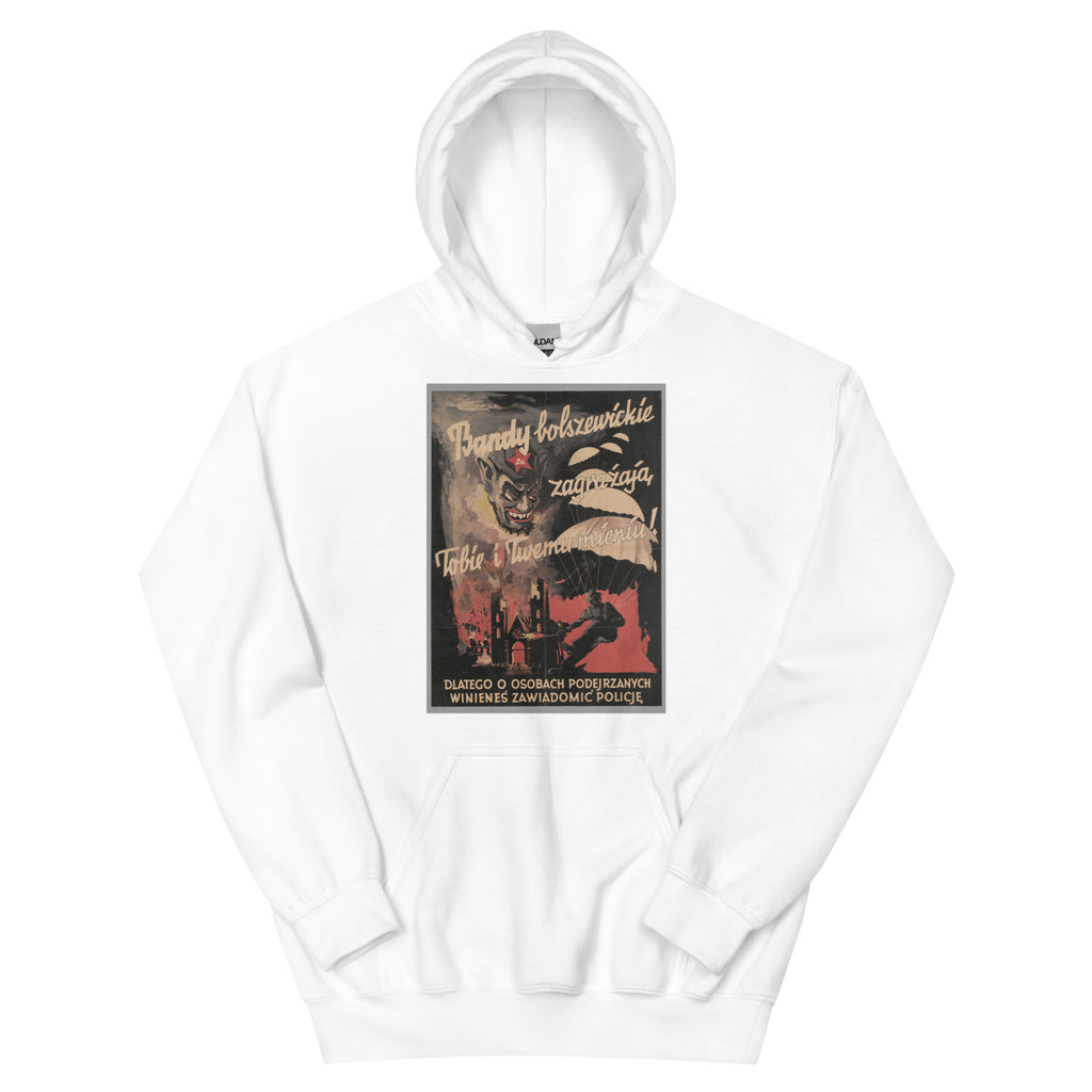 Unisex hoodie featuring a classic Polish anti-Bolshevik political propaganda poster