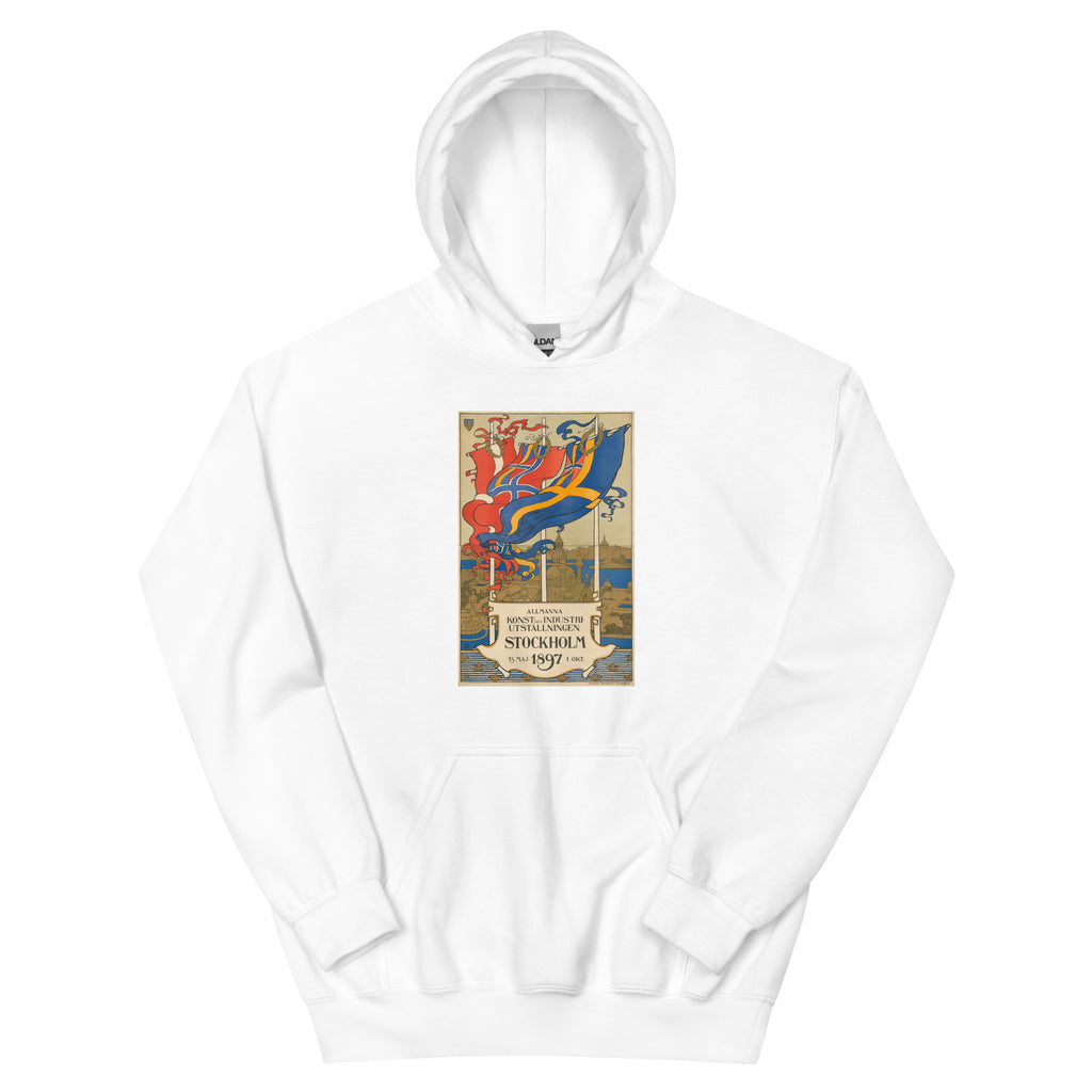 Unisex hoodie featuring a vintage 1897 Stockholm Sweden exhibition travel poster