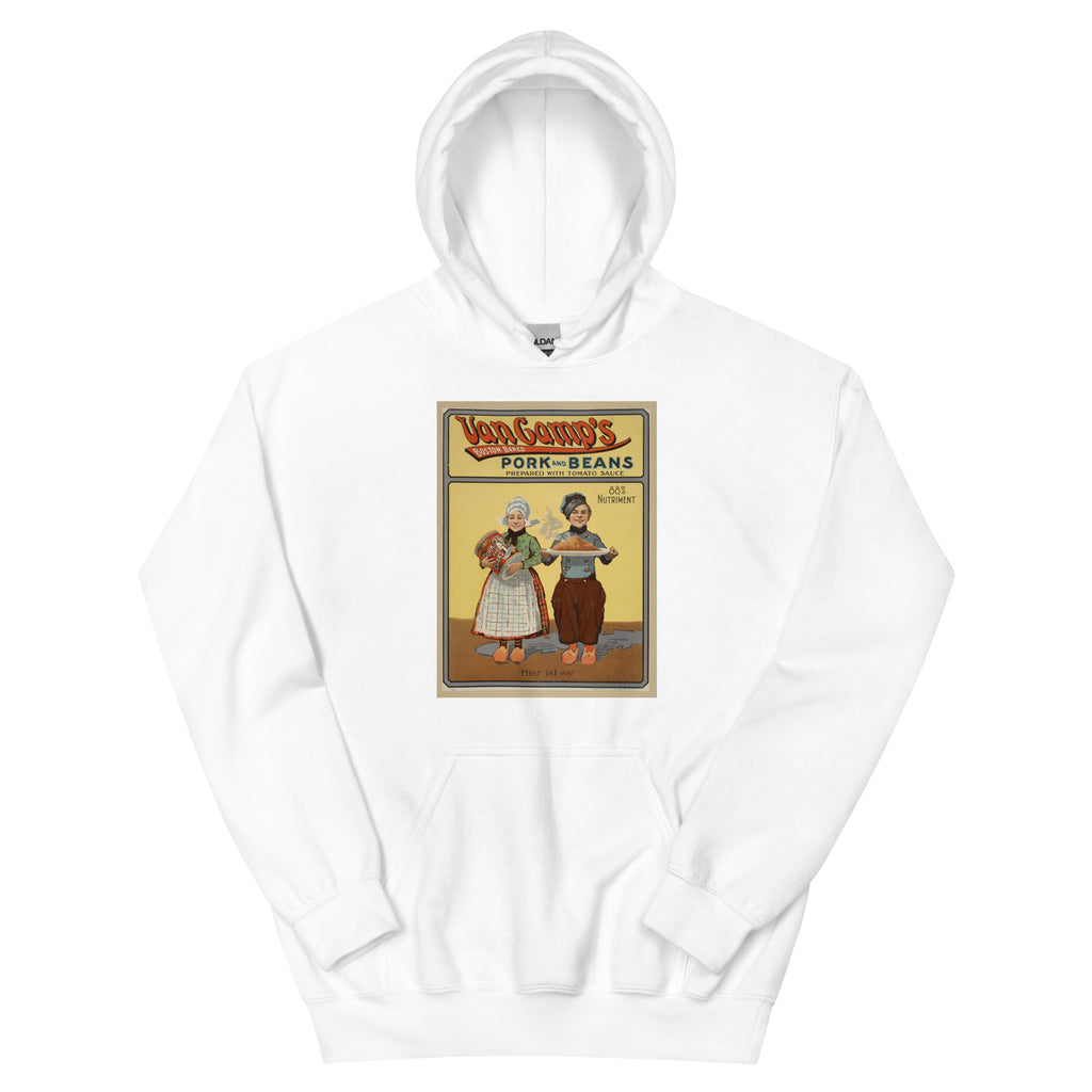 Unisex hoodie featuring a vintage Van Camp's Pork and Beans food advertising poster
