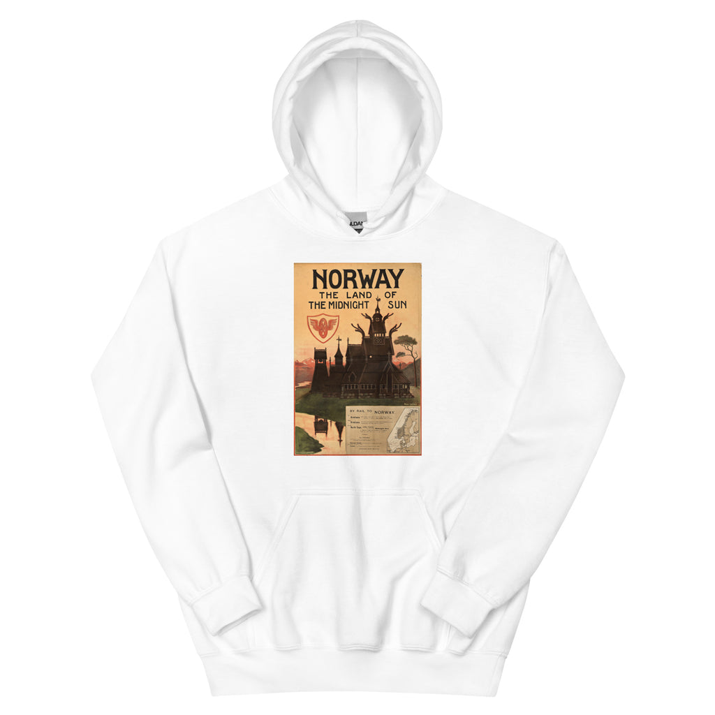 Unisex hoodie featuring a second vintage Norwegian scenic travel poster