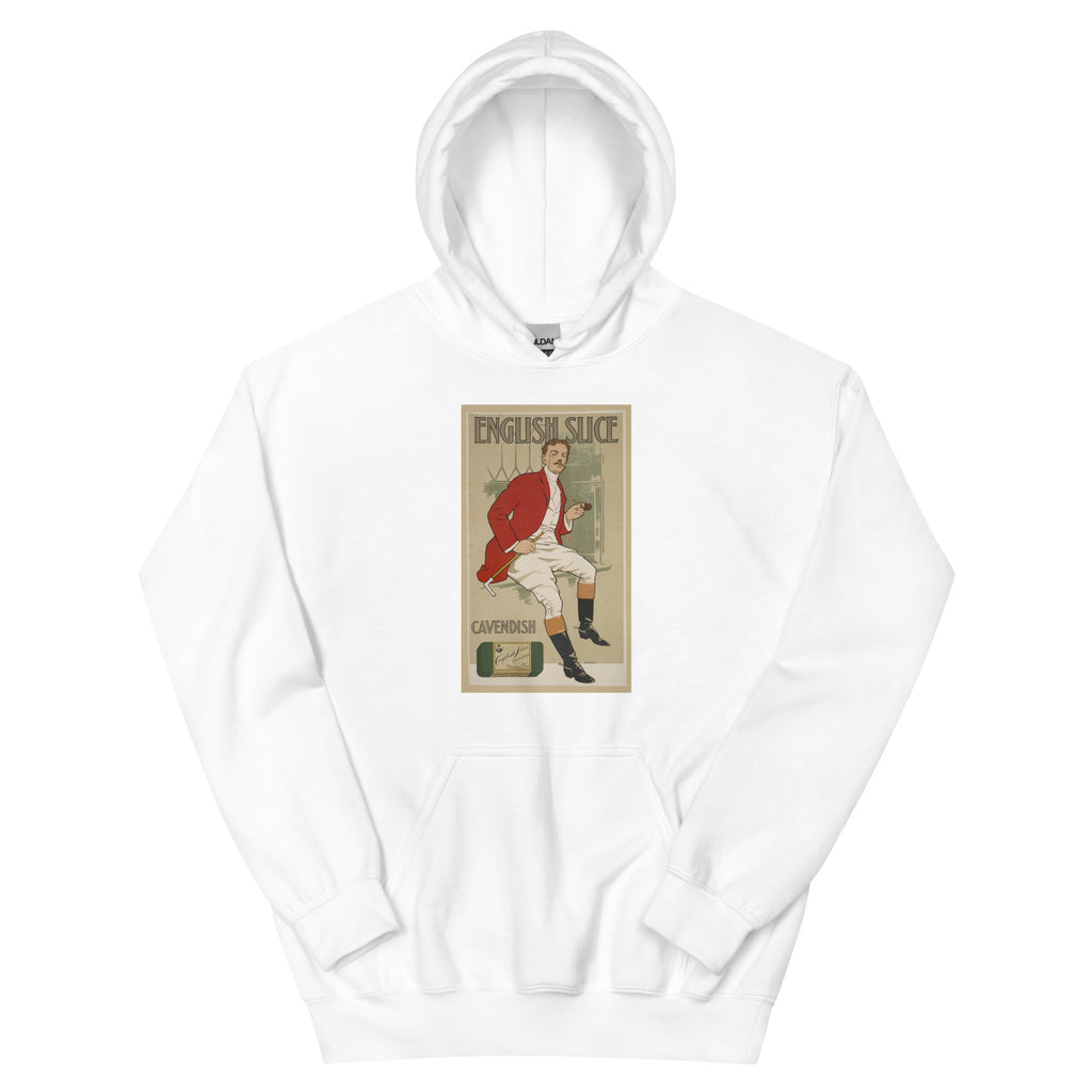 Unisex hoodie featuring a vintage English Slice tobacco classic advertising poster