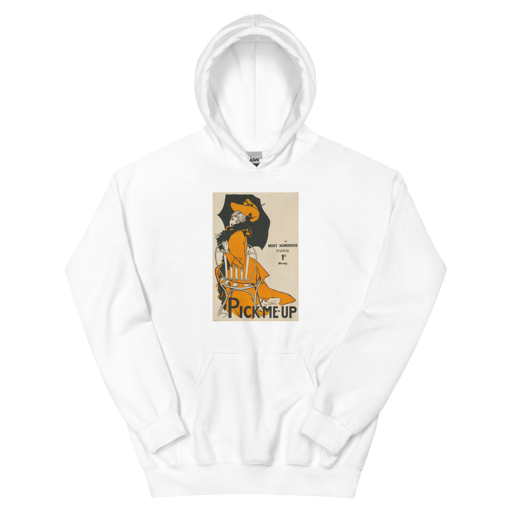 Unisex hoodie featuring a vintage Pick-Me-Up illustrated advertising poster