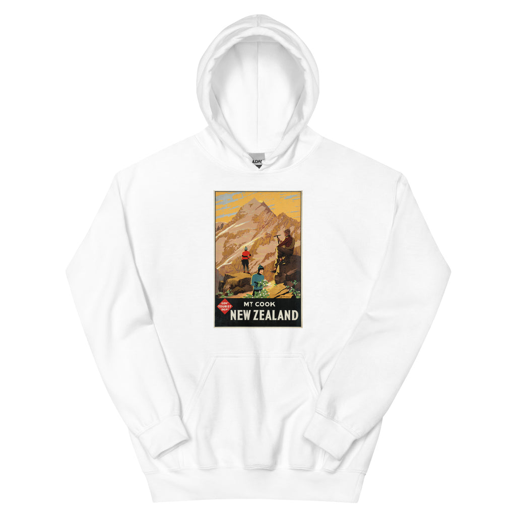 Unisex hoodie featuring a vintage New Zealand Mount Cook scenic travel poster
