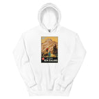 Unisex hoodie featuring a vintage New Zealand Mount Cook scenic travel poster