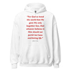 Unisex hoodie with the Bible verse John 3:16 printed in red text