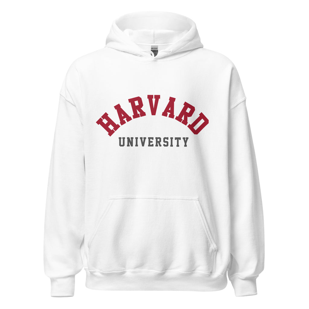 Unisex hoodie featuring Harvard University name and branding in crimson and white