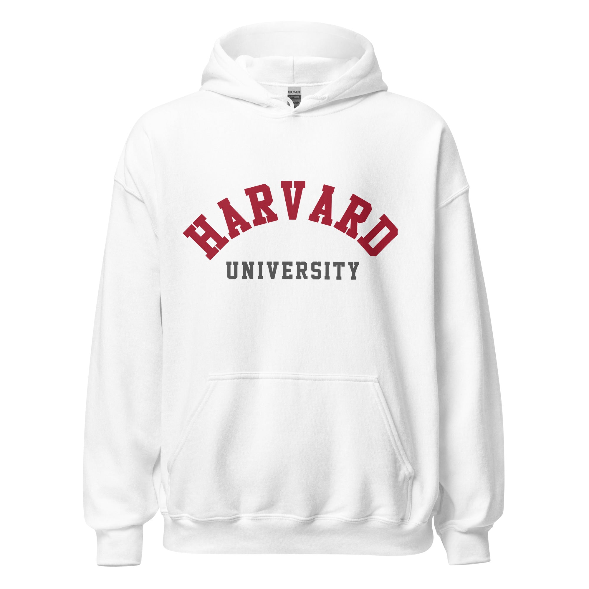 Unisex hoodie featuring Harvard University name and branding in crimson and white